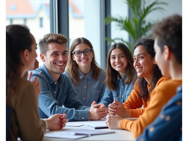 Photo d'étudiants souriants en cours d'anglais général à Click Box dans une salle de classe lumineuse.
