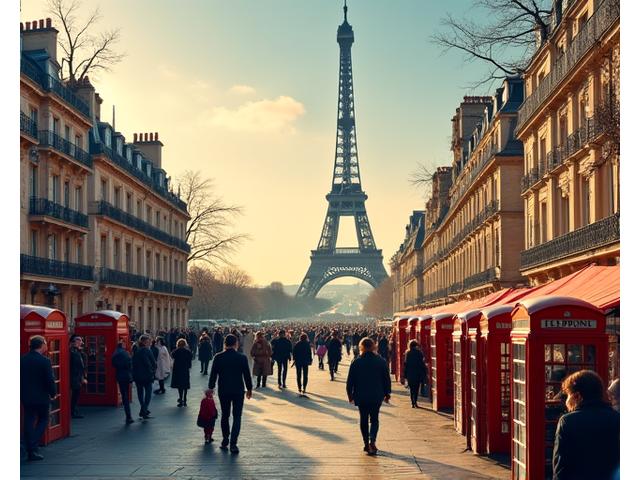 Une photo vibrante de Paris, avec des éléments culturels anglais subtilement intégrés, représentant l'immersion.